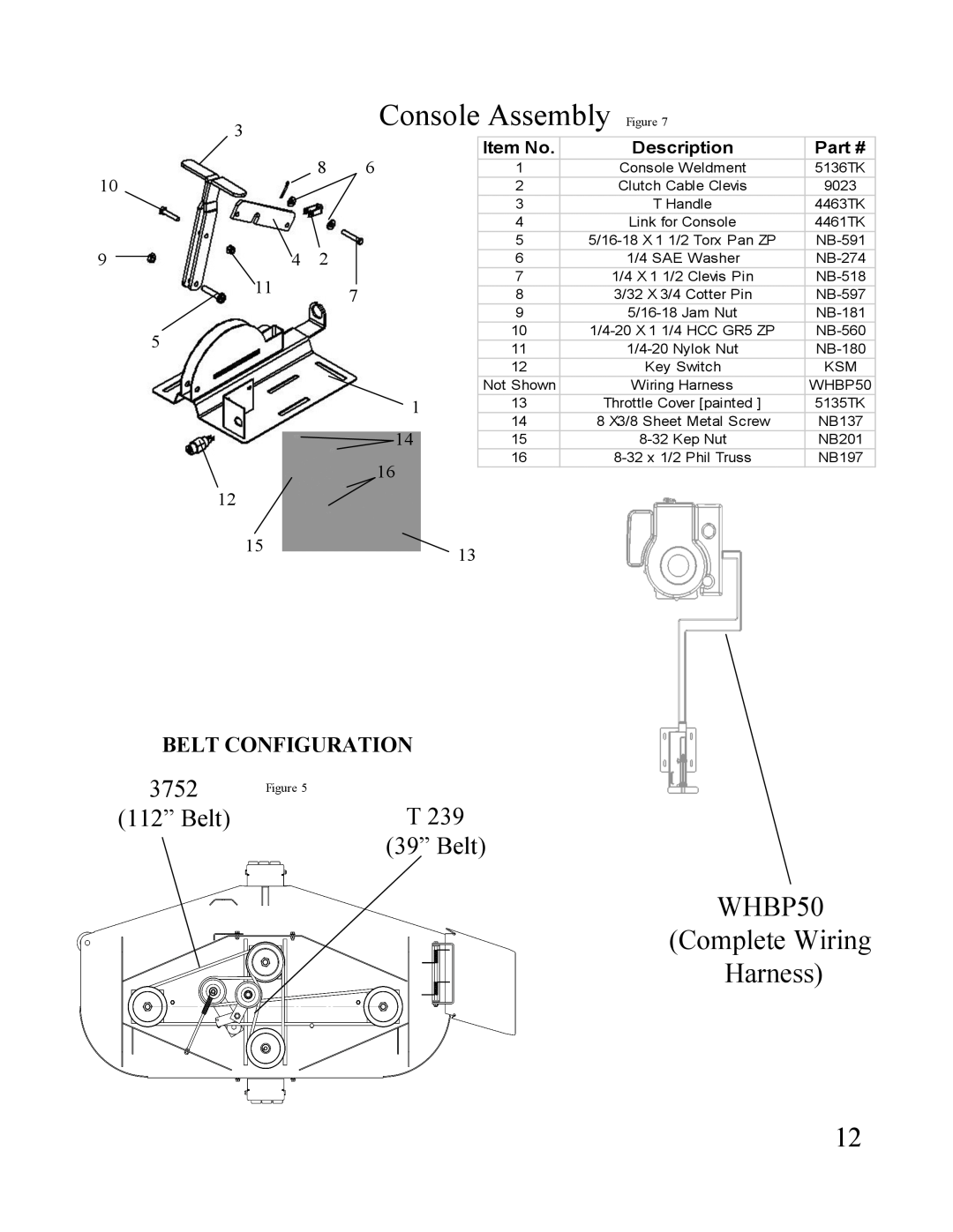 Swisher ONFT1150 Console Assembly Figure, WHBP50 Complete Wiring Harness, 3752, 112” Belt, 39” Belt, Belt Configuration 