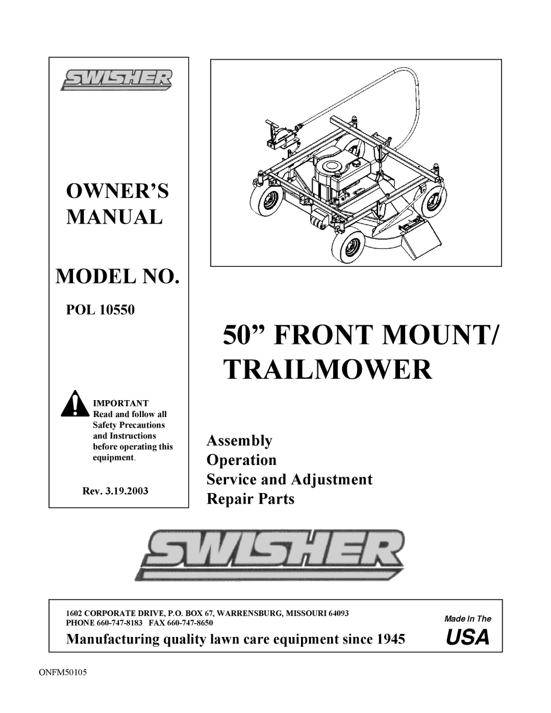 Swisher POL 10550 owner manual Front MOUNT/ Trailmower 