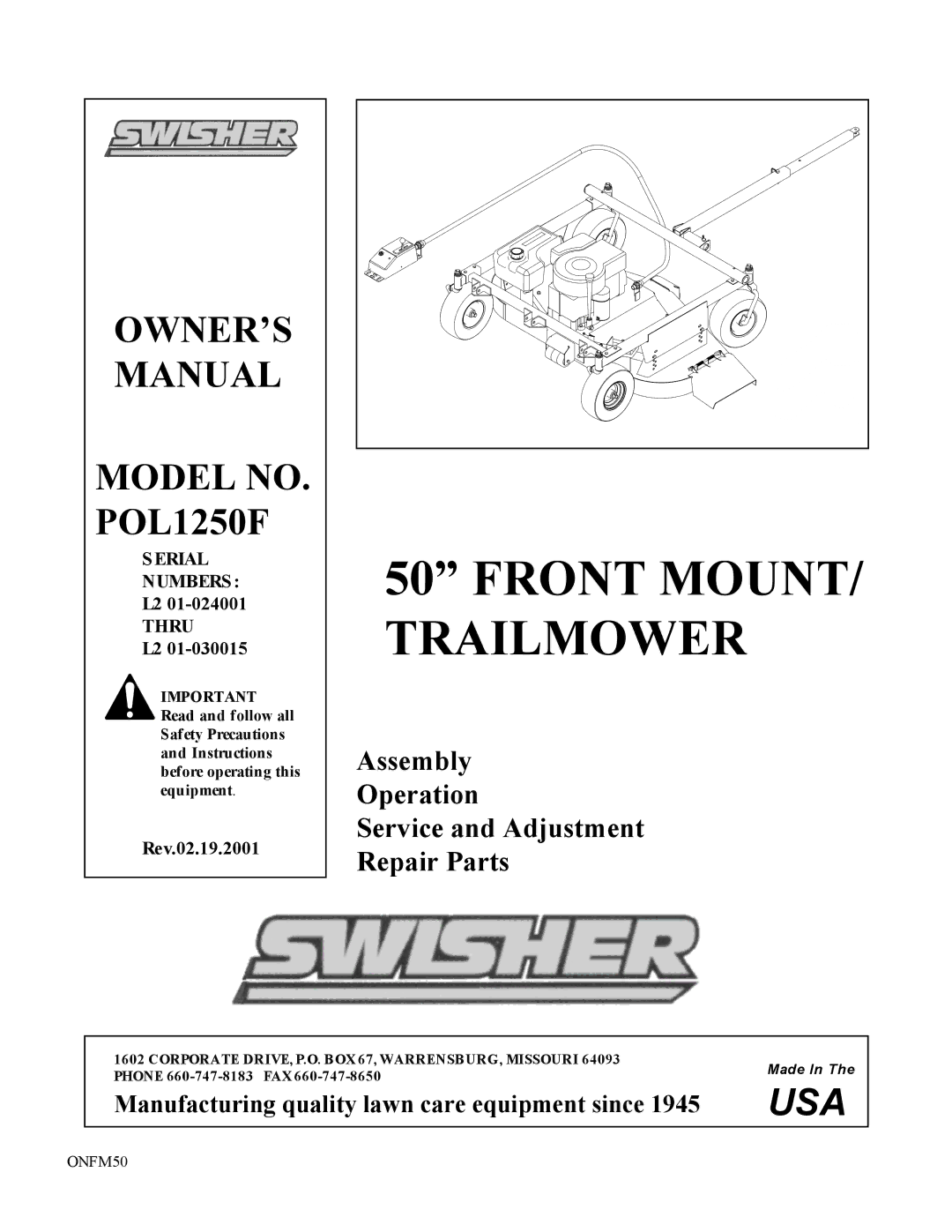 Swisher pol1250f owner manual Model NO. POL1250F, Serial Numbers Thru 