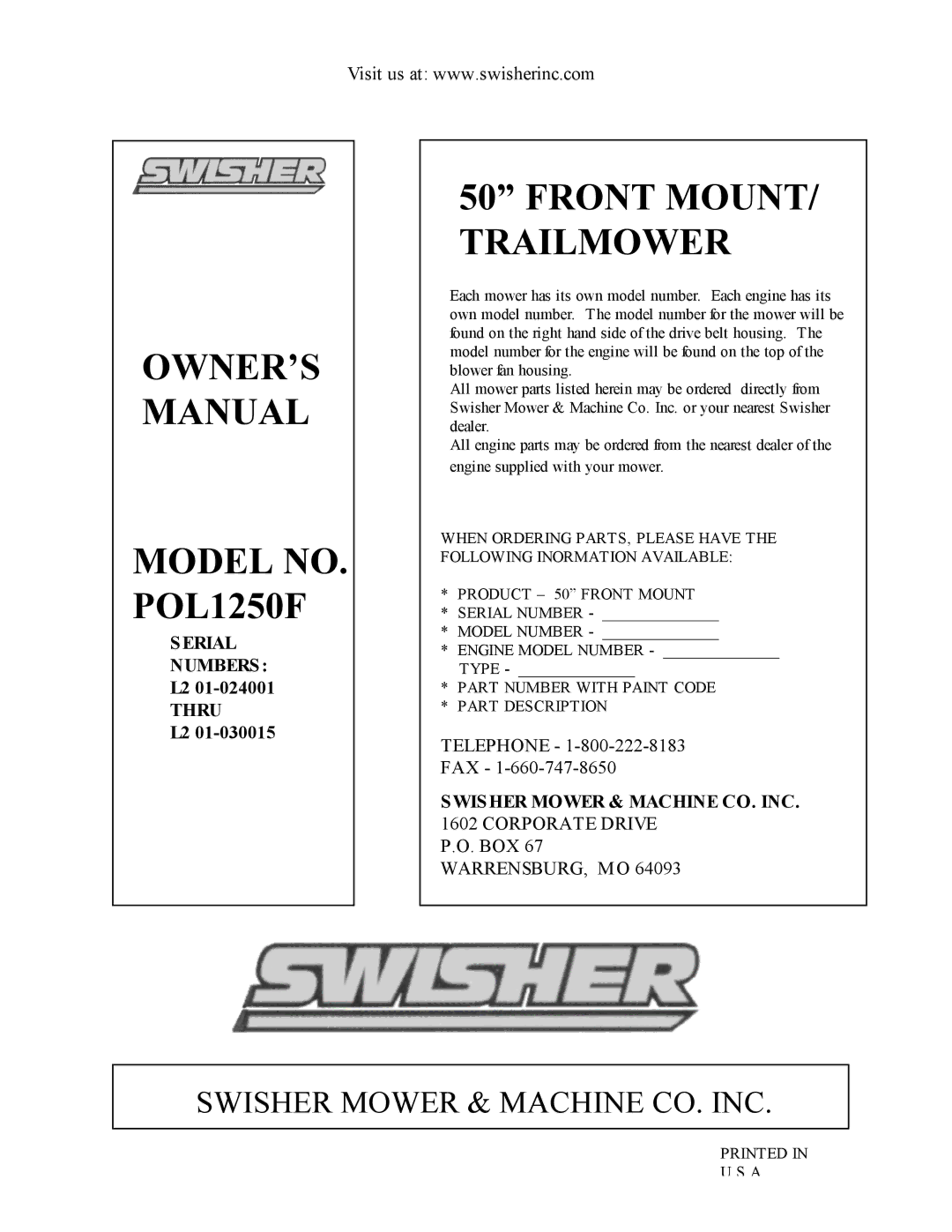 Swisher pol1250f owner manual Front MOUNT/ Trailmower, Swisher Mower & Machine CO. INC 