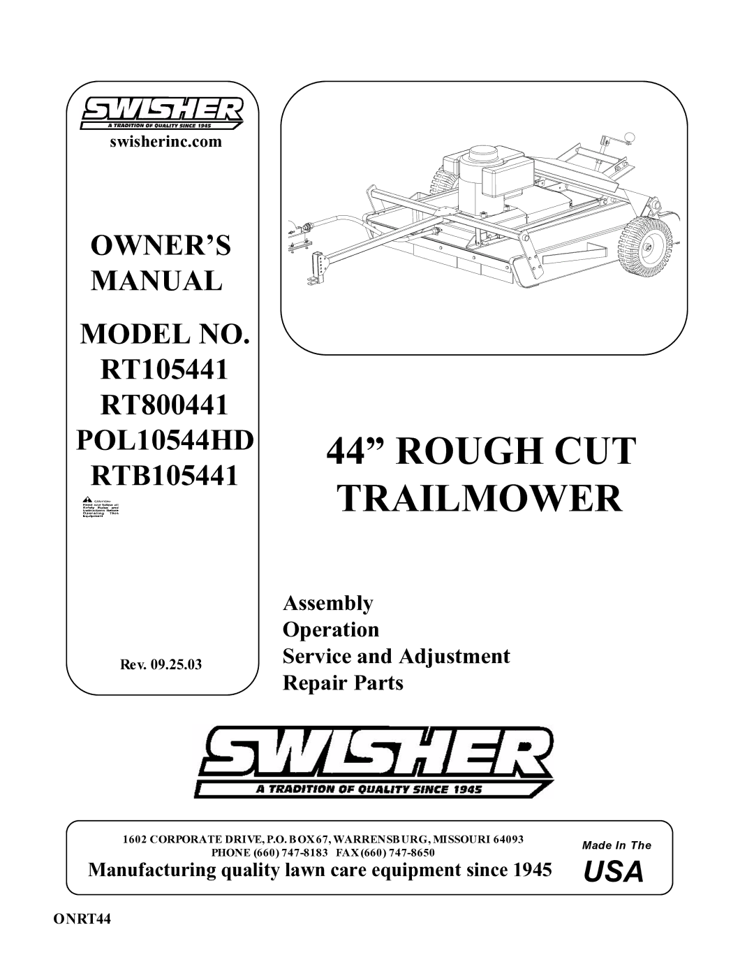 Swisher RT800441, RTB105441, POL10544HD owner manual Rough CUT Trailmower 