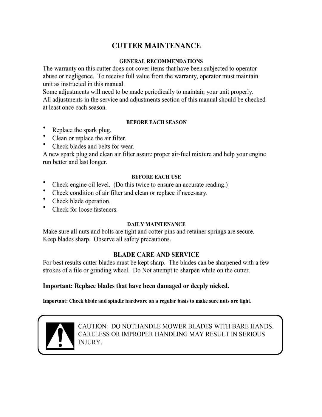 Swisher POL10544HD, RTB105441, RT800441 owner manual Cutter Maintenance 