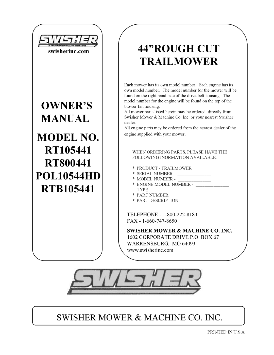 Swisher RT105441, RTB105441, RT800441, POL10544HD owner manual 44ROUGH CUT Trailmower 