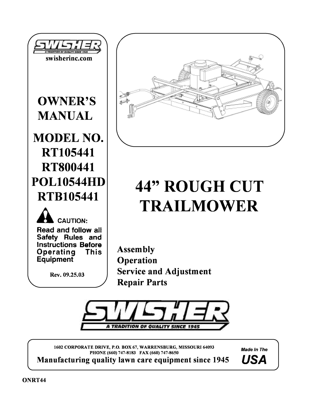 Swisher RT800441 owner manual Manufacturing quality lawn care equipment since 1945 USA, swisherinc.com, Assembly, ONRT44 