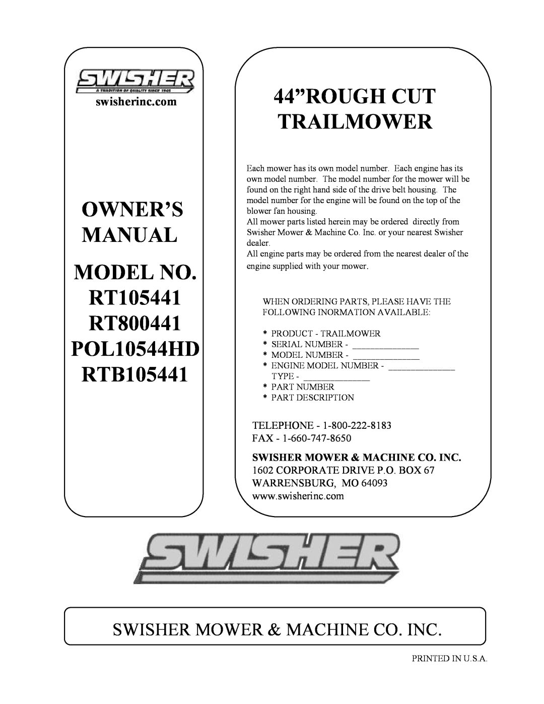 Swisher RT105441, RTB105441, RT800441, POL10544HD 44”ROUGH CUT TRAILMOWER, Swisher Mower & Machine Co. Inc, swisherinc.com 