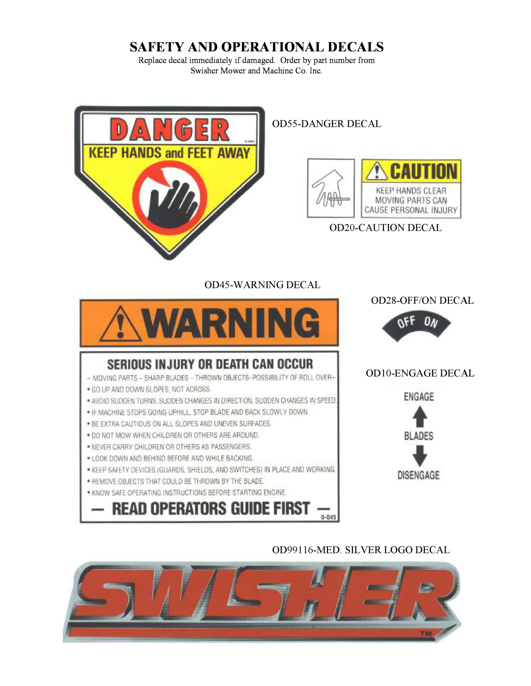 Swisher RT800441, RTB105441 Safety And Operational Decals, OD55-DANGER DECAL OD20-CAUTION DECAL OD45-WARNING DECAL 