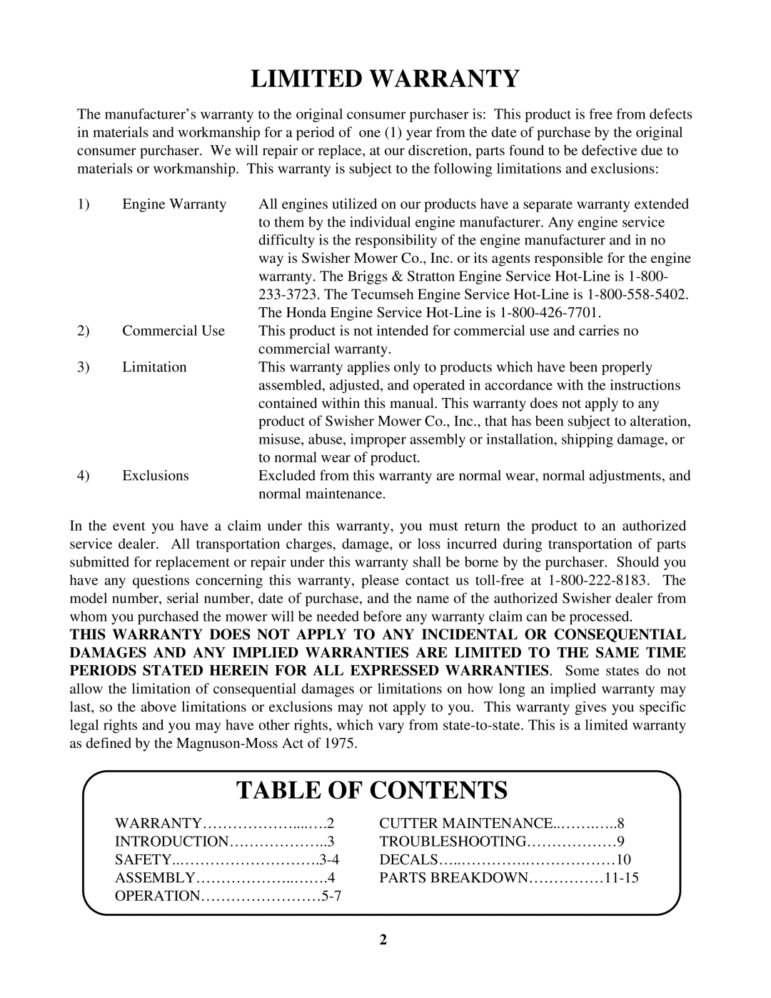 Swisher RTB134412V, RTB115441, RTB14544 owner manual Limited Warranty, Table of Contents 