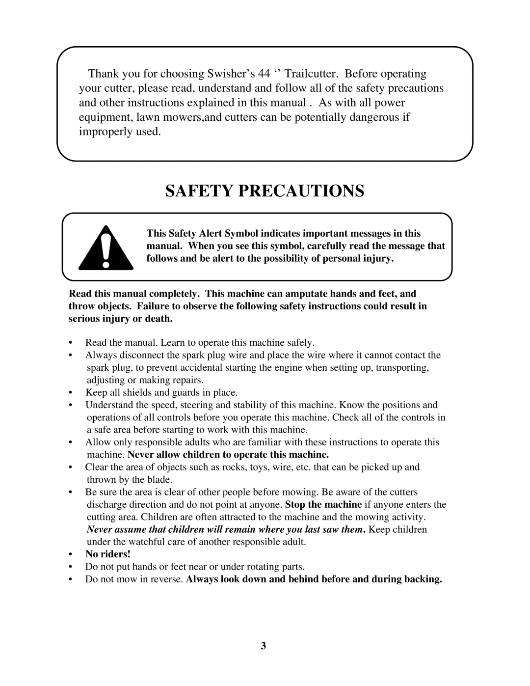 Swisher RTB115441, RTB14544, RTB134412V owner manual Safety Precautions 