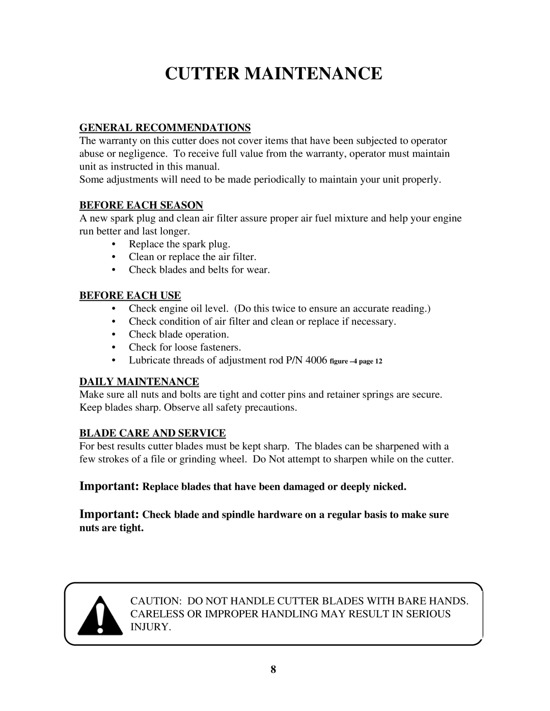 Swisher RTB134412V, RTB115441, RTB14544 owner manual Cutter Maintenance, General Recommendations 