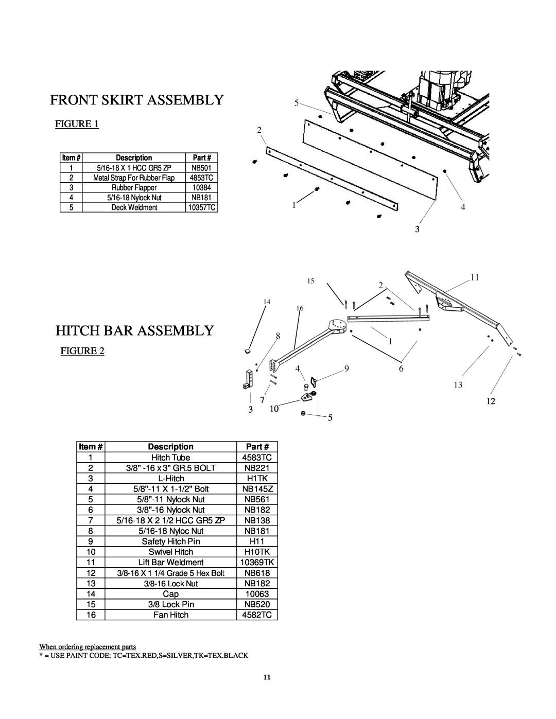 Swisher RTB134412V, RTB115441, RTB14544 owner manual Front Skirt Assembly, Hitch Bar Assembly 