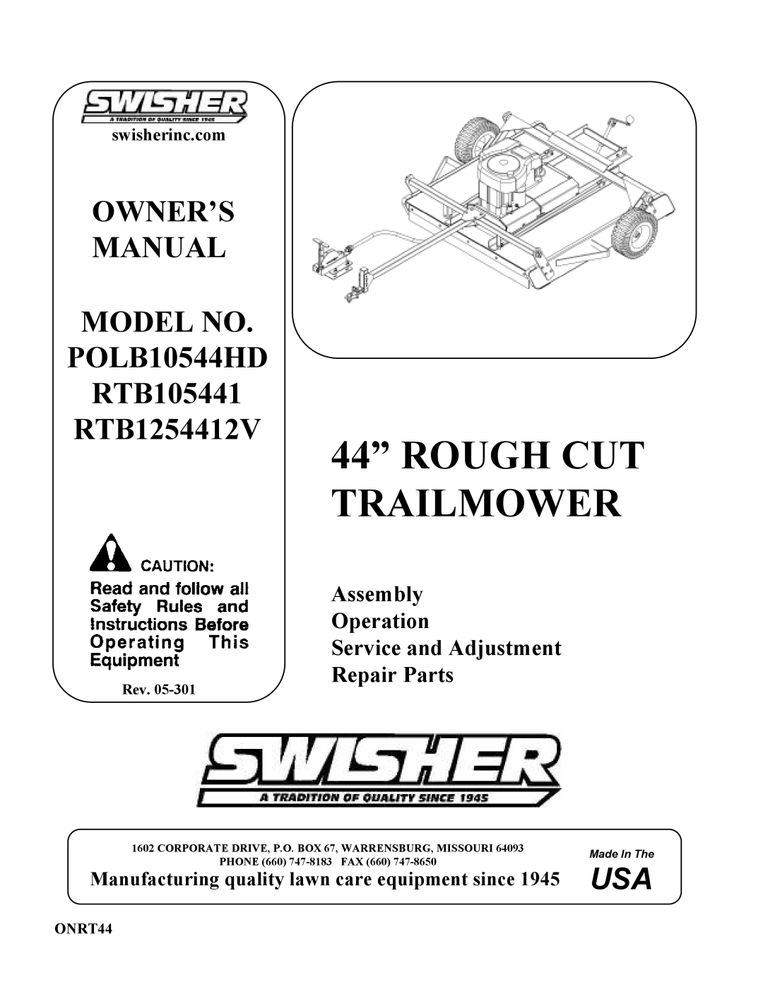 Swisher RTB105441, POLB10544HD, RTB1254412V, RTB1254412V, POLB10544HD, RTB105441 owner manual Rough CUT Trailmower, ONRT44 