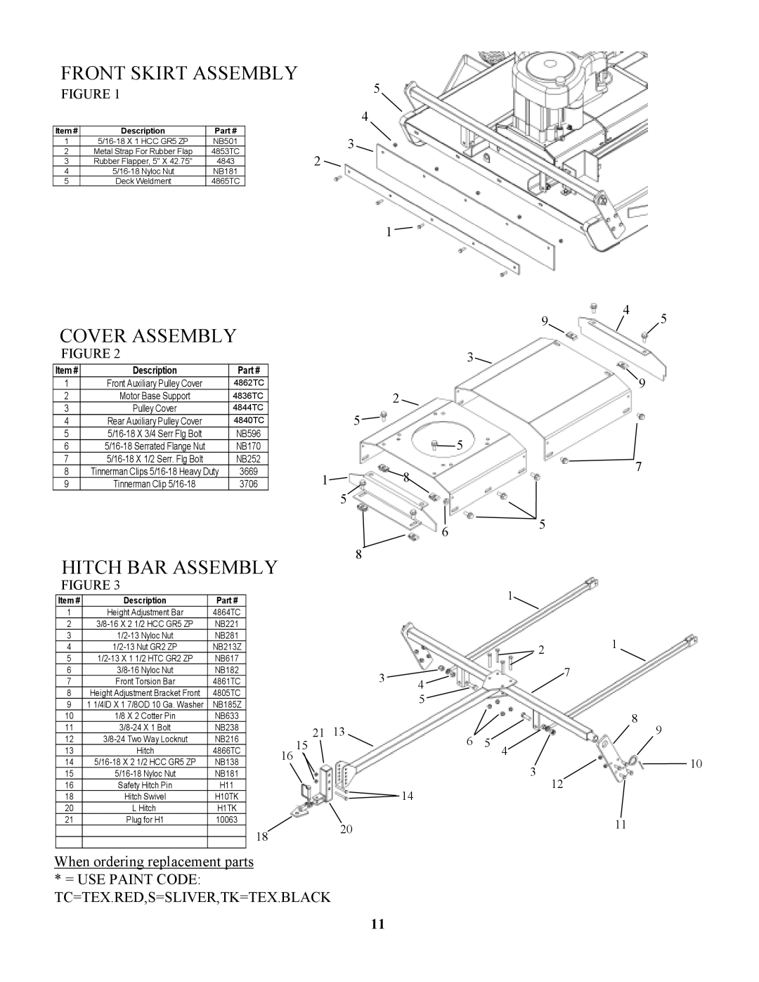 Swisher RTB105441, POLB10544HD, RTB1254412V owner manual Front Skirt Assembly, Cover Assembly, Hitch BAR Assembly 