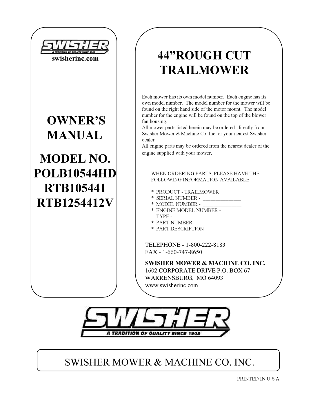 Swisher RTB1254412V, POLB10544HD, RTB105441 owner manual 44ROUGH CUT Trailmower, Swisher Mower & Machine CO. INC 