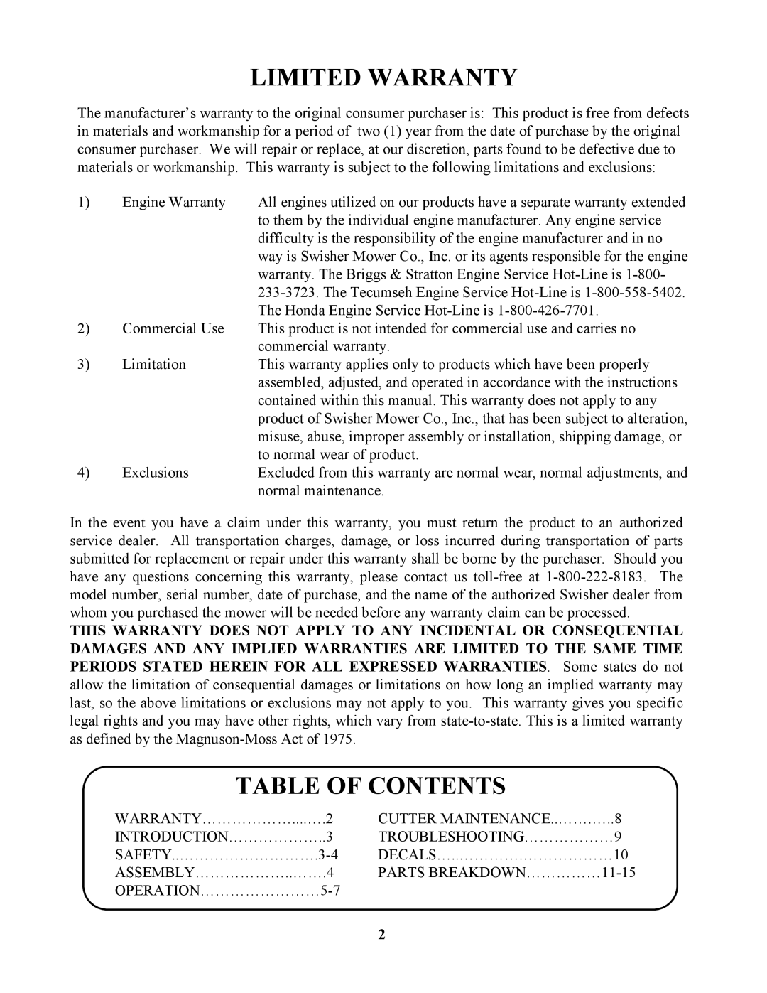 Swisher RTB1254412V, POLB10544HD, RTB105441, RTB105441, POLB10544HD, RTB1254412V Limited Warranty, Table of Contents 