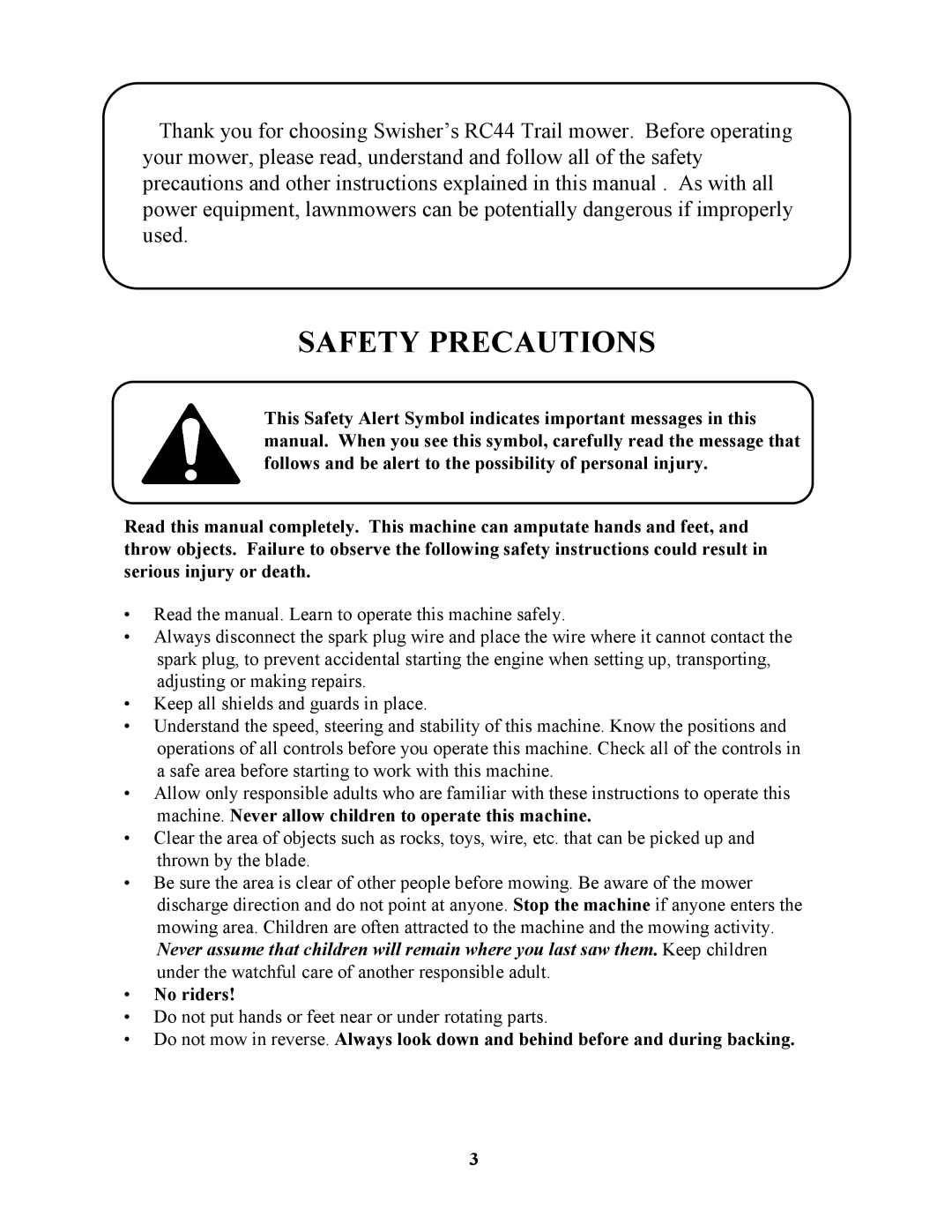 Swisher RTB105441, POLB10544HD, RTB1254412V, RTB1254412V, POLB10544HD, RTB105441 owner manual Safety Precautions 