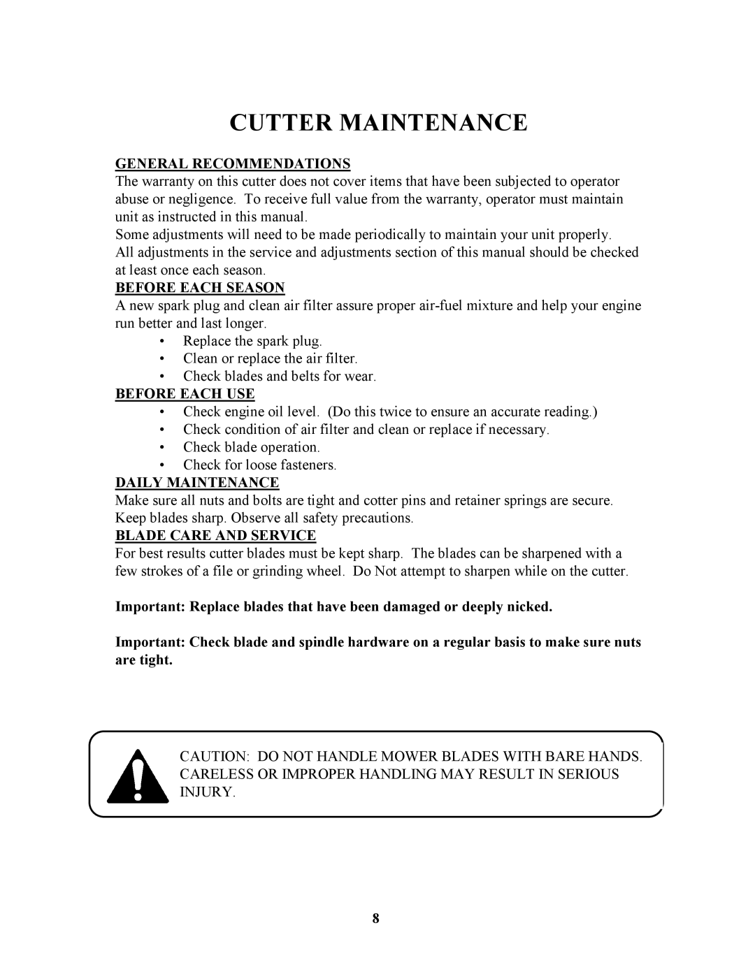 Swisher RTB1254412V, POLB10544HD, RTB105441, RTB105441, POLB10544HD, RTB1254412V owner manual Cutter Maintenance 