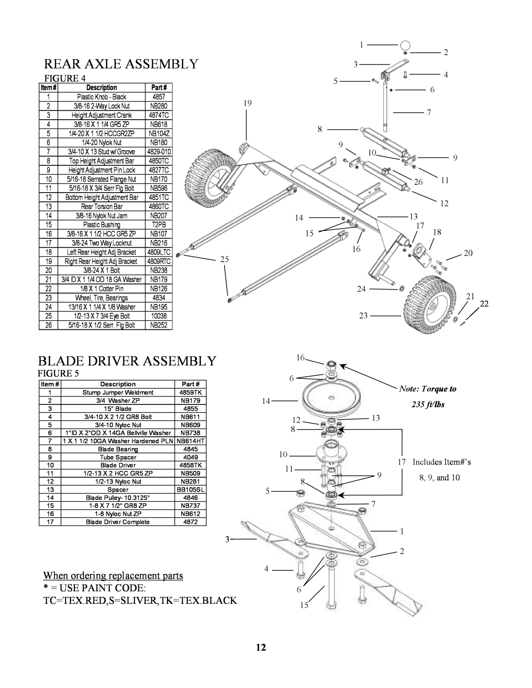 Swisher RTB1254412V, POLB10544HD, RTB105441 Rear Axle Assembly, Blade Driver Assembly, When ordering replacement parts 