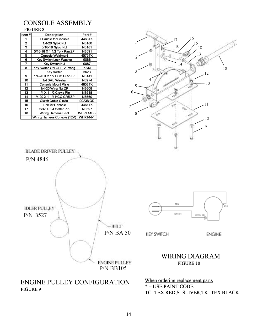 Swisher RTB1254412V, POLB10544HD, RTB105441 Console Assembly, Wiring Diagram, Engine Pulley Configuration, P/N BB105 