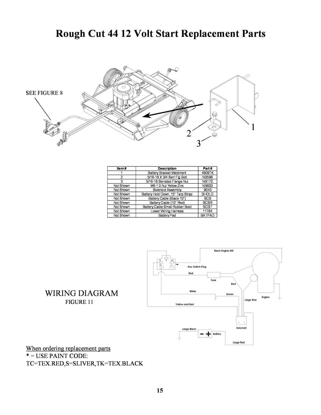 Swisher RTB105441, POLB10544HD, RTB1254412V Rough Cut 44 12 Volt Start Replacement Parts, Wiring Diagram, See Figure 