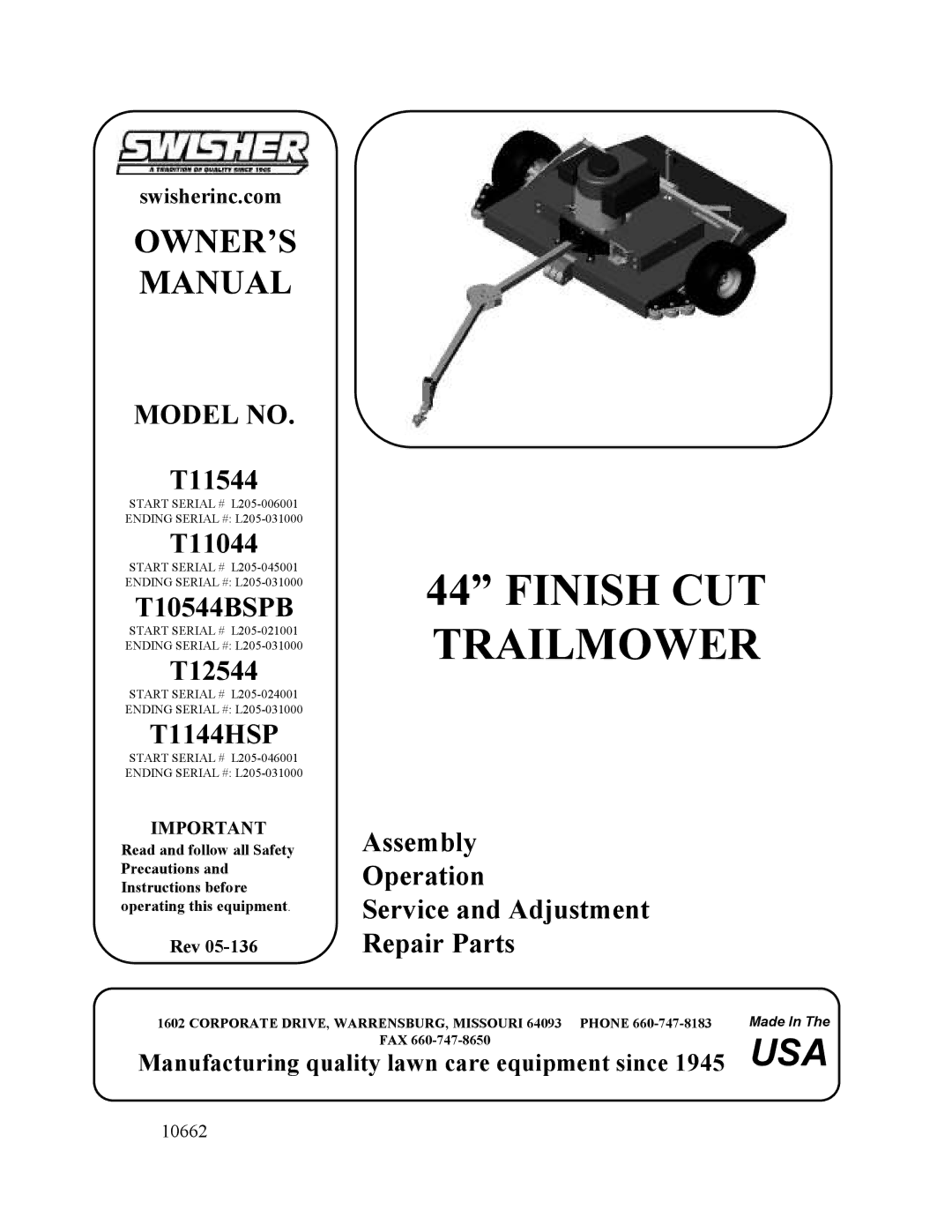 Swisher T11044, T11544, T10544BSPB, T12544, T1144HSP owner manual Finish CUT Trailmower 