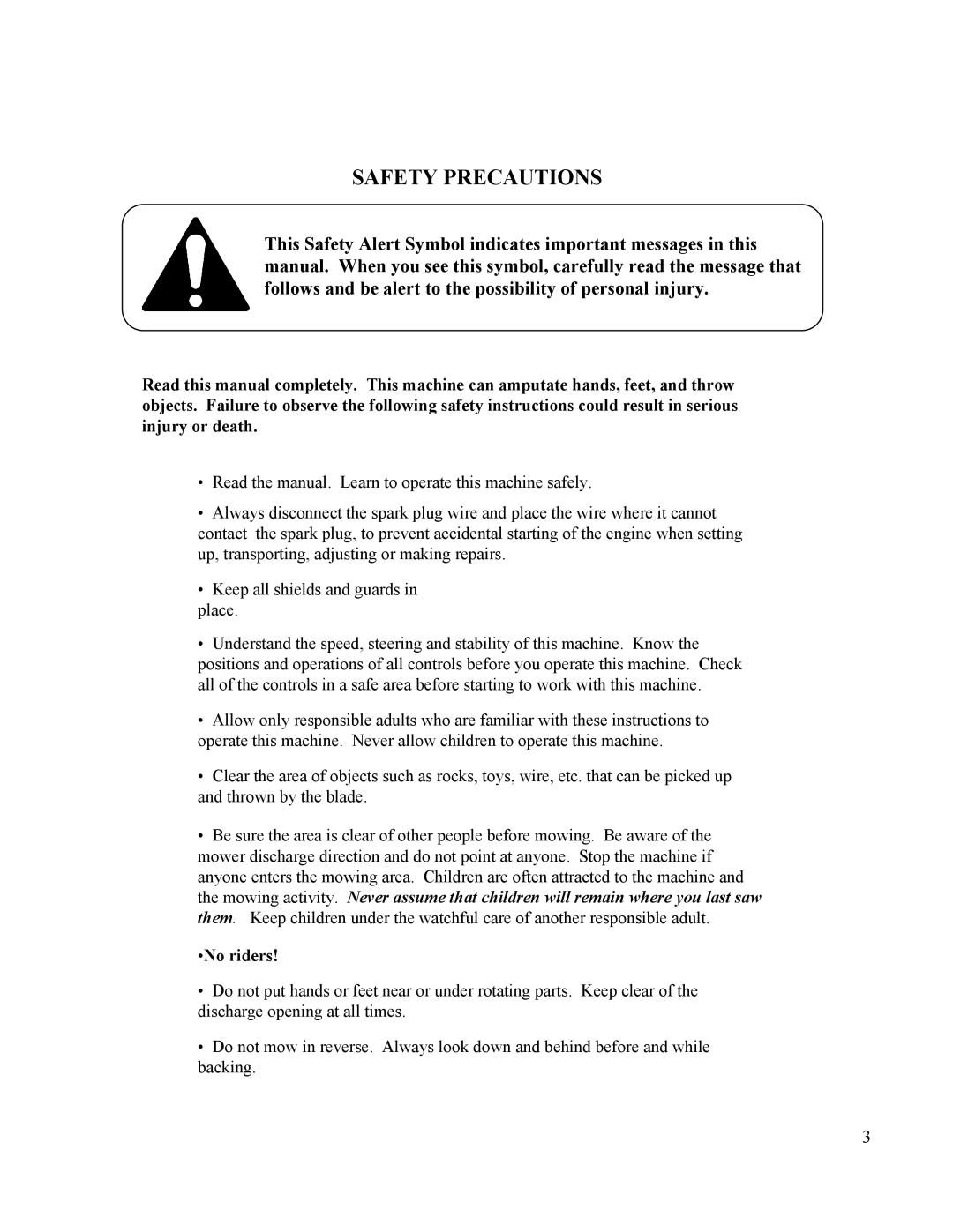 Swisher T11044, T11544, T10544BSPB, T12544, T1144HSP owner manual Safety Precautions 