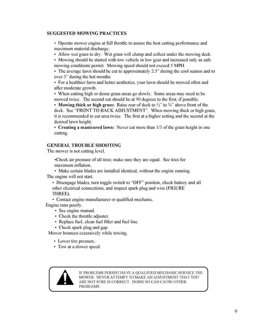 Swisher T11044, T11544, T10544BSPB, T12544, T1144HSP owner manual Suggested Mowing Practices, General Trouble Shooting 