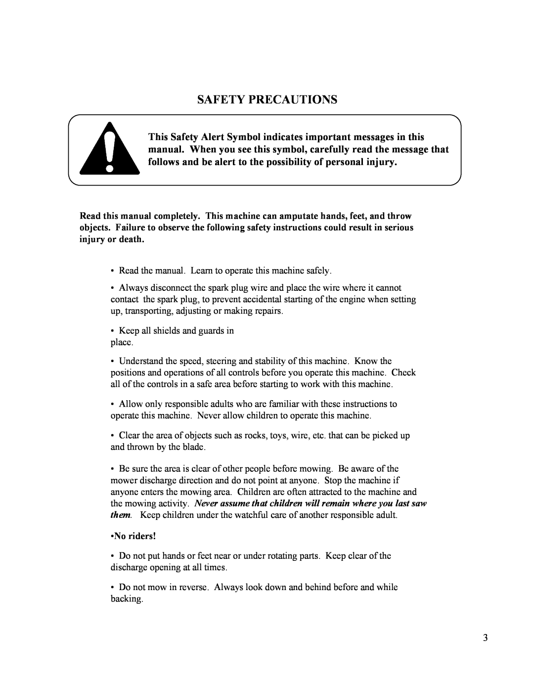 Swisher T11044, T11544, T10544BSPB, T12544, T1144HSP owner manual Safety Precautions 