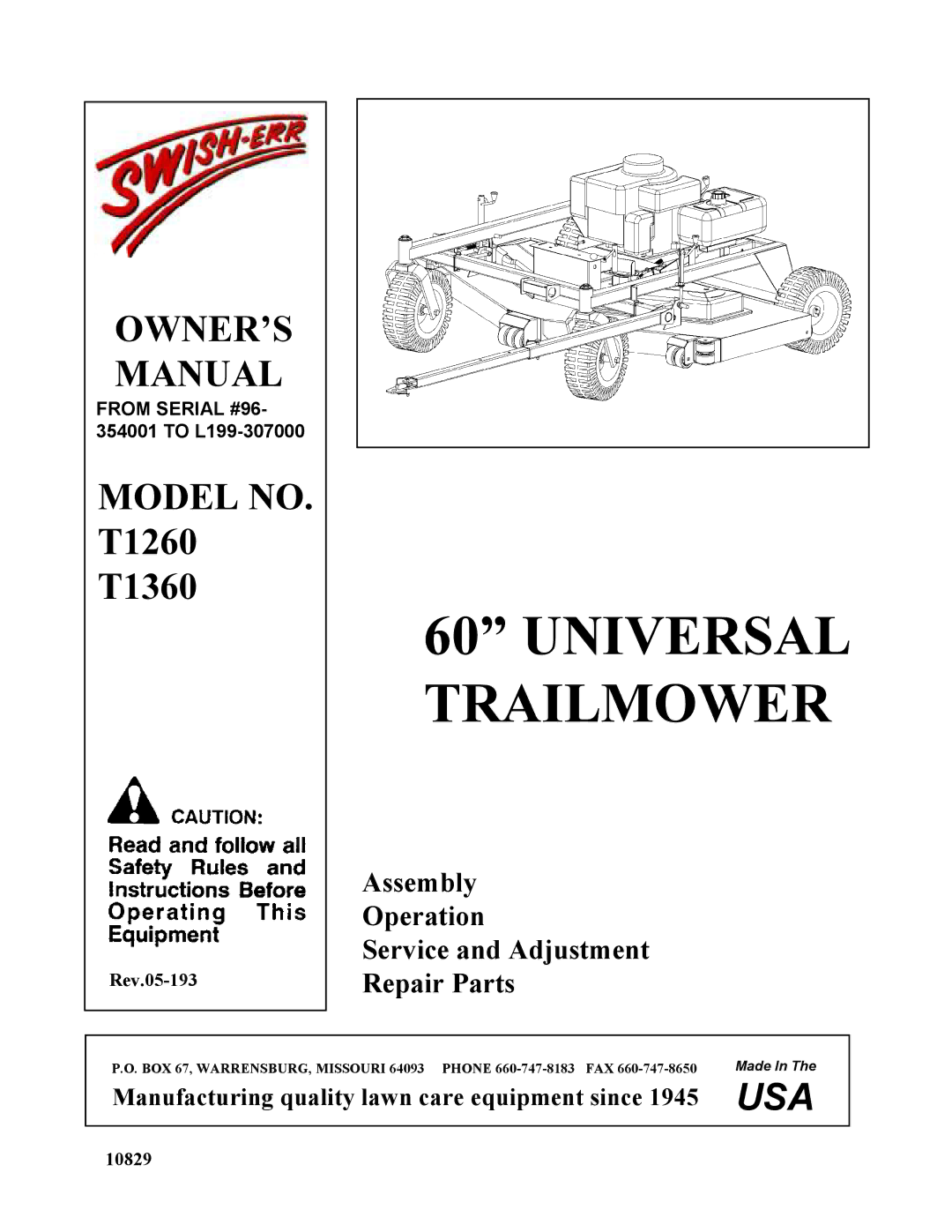 Swisher T1360, T1260, T1260, T1360 owner manual Universal Trailmower, From Serial #96- 354001 to L199-307000 