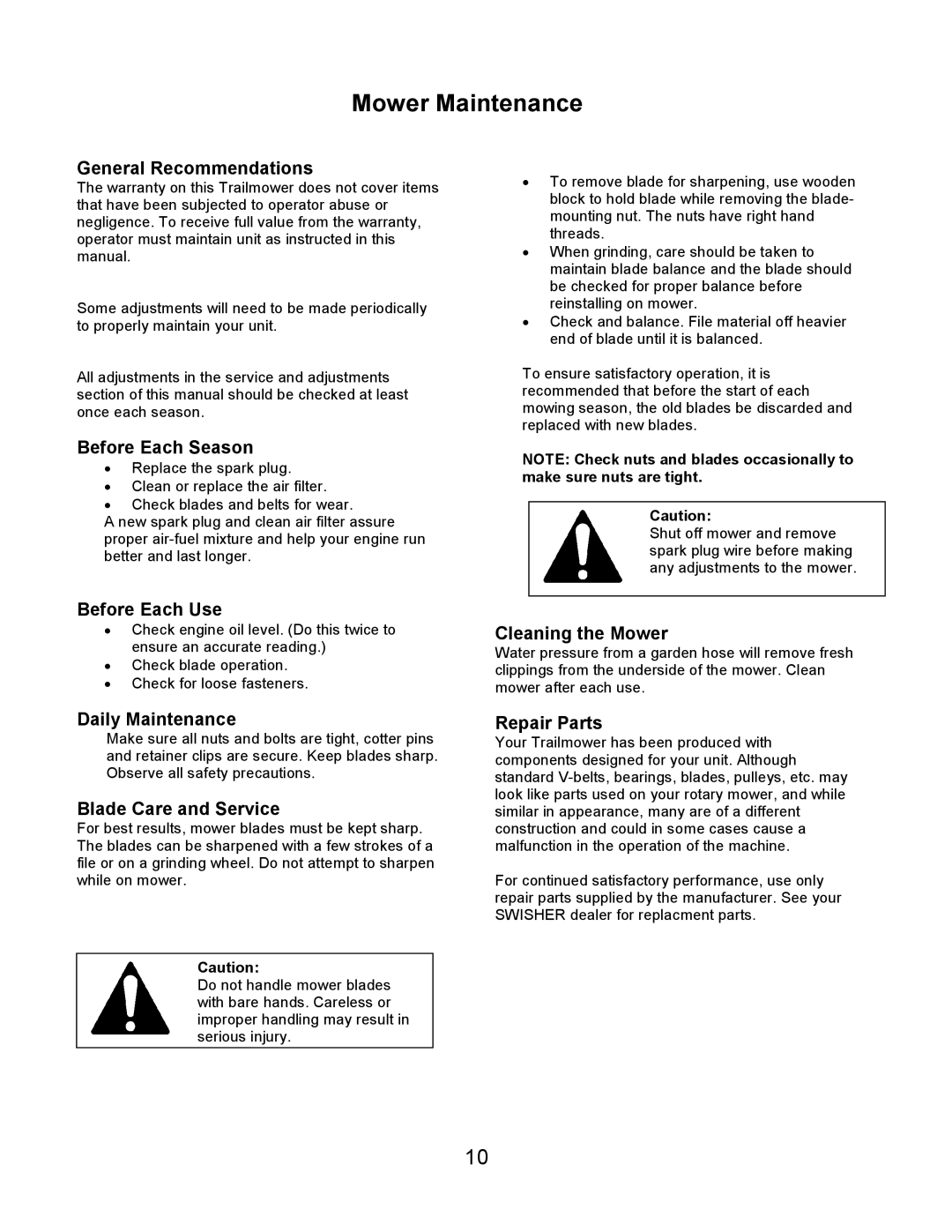 Swisher T1260, T1360, T1360, T1260 owner manual Mower Maintenance 