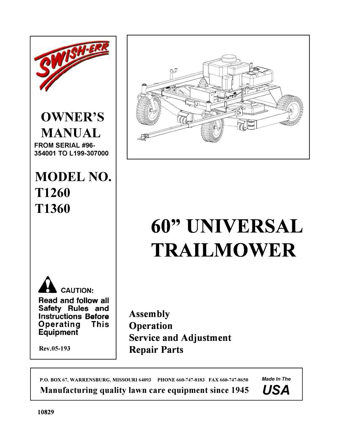 Swisher T1360, T1260 owner manual Owner’S Manual, MODEL NO. T1260 T1360, Manufacturing quality lawn care equipment since 