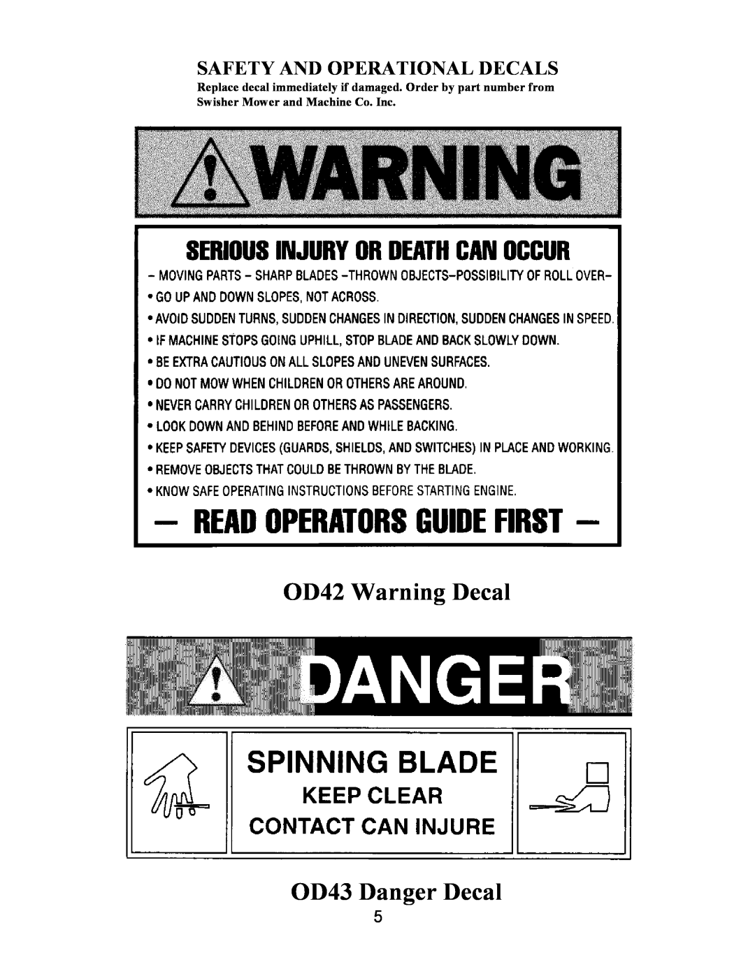 Swisher T1360, T1260, T1260, T1360 owner manual OD42 Warning Decal OD43 Danger Decal, Safety And Operational Decals 