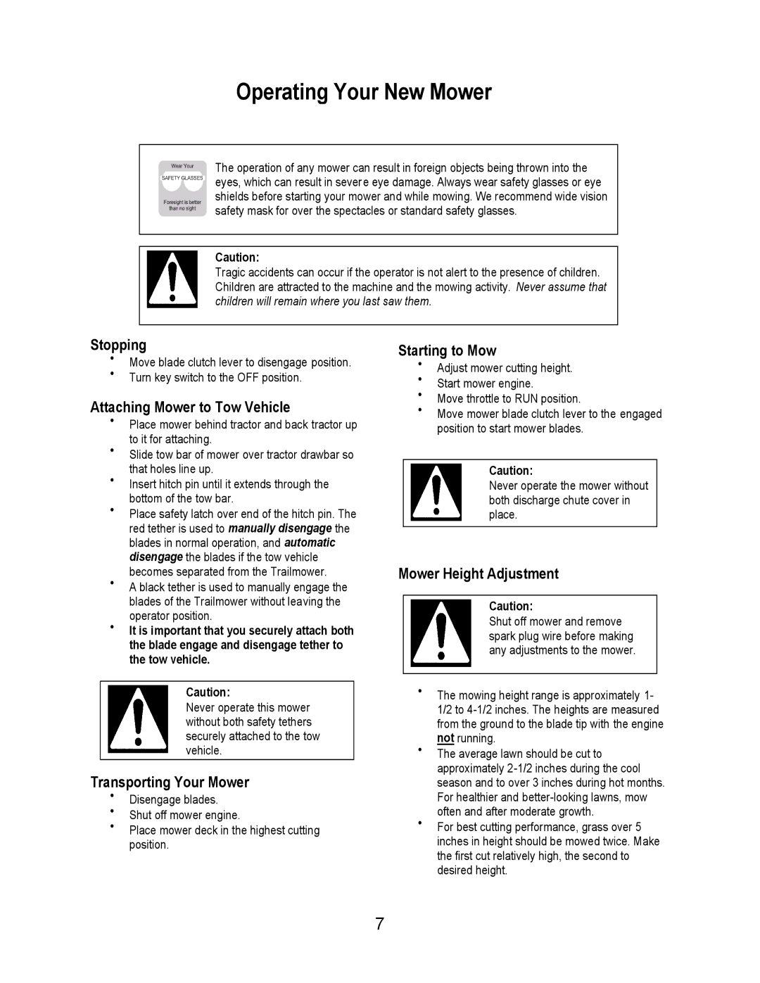 Swisher T1360 Stopping, Attaching Mower to Tow Vehicle, Transporting Your Mower, Starting to Mow, Mower Height Adjustment 