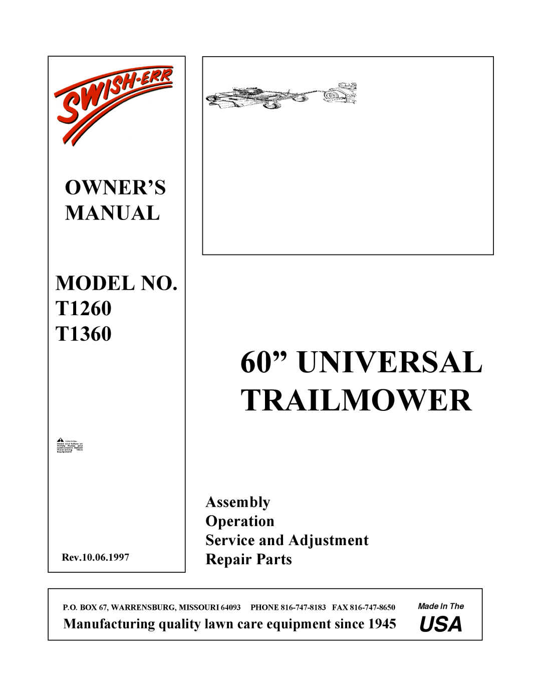 Swisher T1360 owner manual Assembly Operation Service and Adjustment, Repair Parts, 60” UNIVERSAL TRAILMOWER, Made In The 