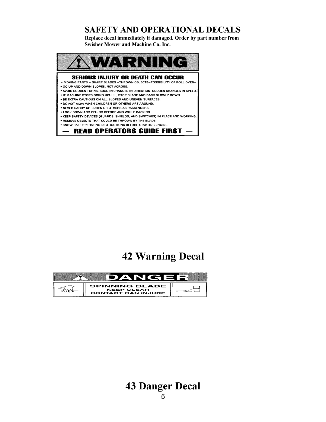 Swisher T1360 owner manual Warning Decal 43 Danger Decal, Safety And Operational Decals 