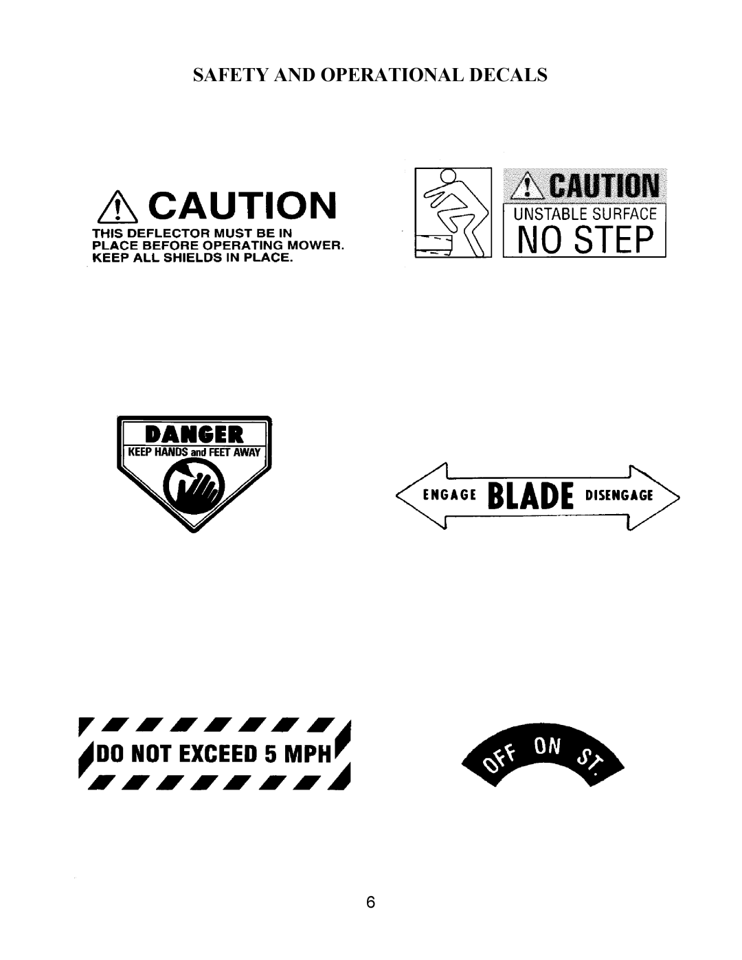 Swisher T1360 owner manual Caution Decal, Danger Decal, Blade Decal, Speed Decal, Engine Power Decal, No Step Decal 
