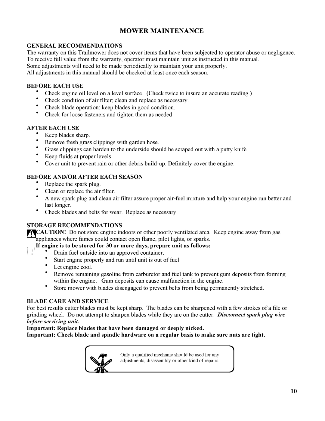 Swisher RK1360, T1360K, T17560, T13560, T1360H, T1360T owner manual Mower Maintenance 