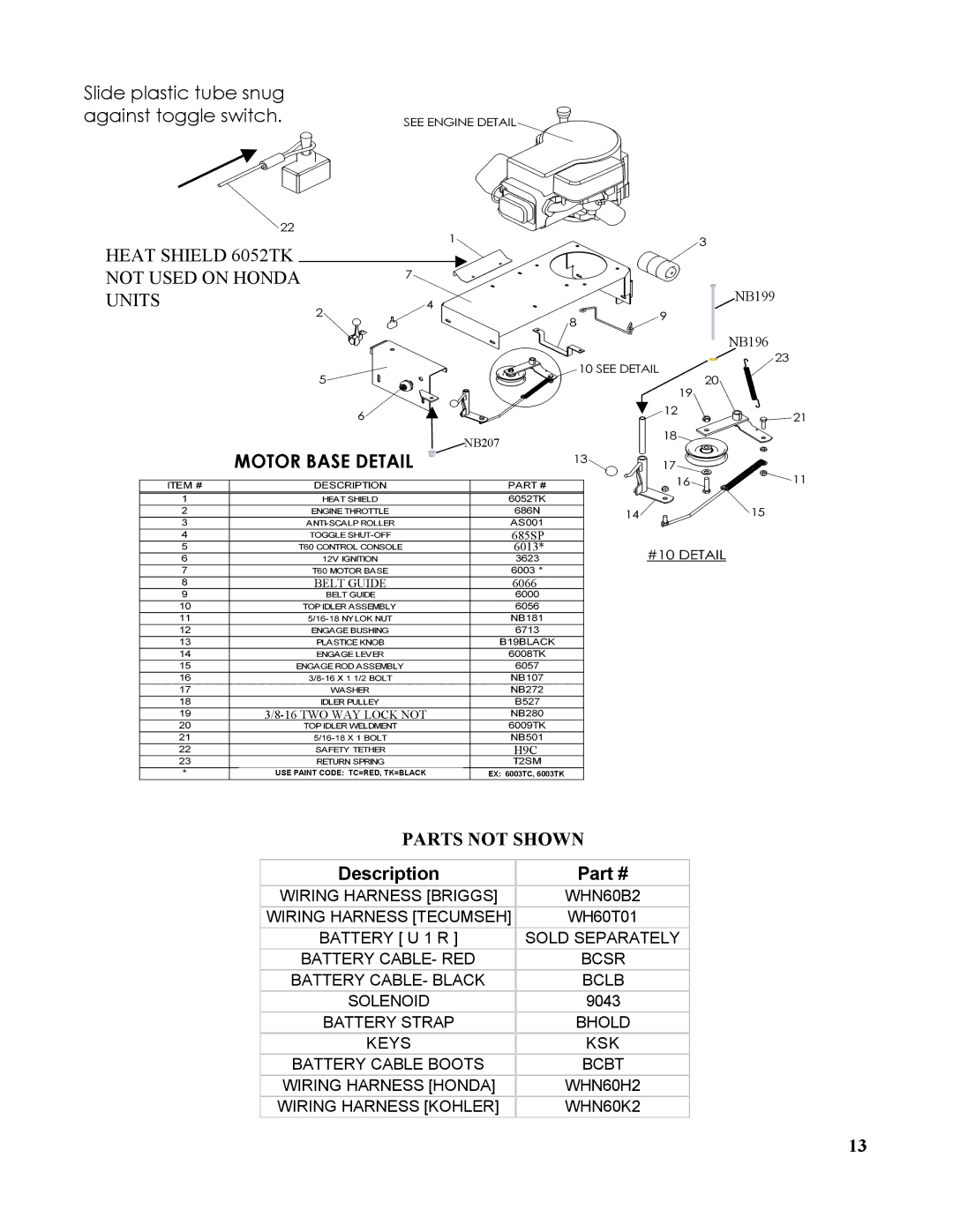 Swisher T17560, T1360K, T13560, T1360H, RK1360, T1360T owner manual Heat Shield 6052TK Not Used on Honda Units, Parts not Shown 