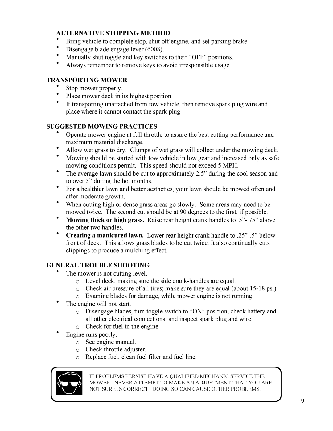 Swisher T1360H Alternative Stopping Method, Transporting Mower, Suggested Mowing Practices, General Trouble Shooting 