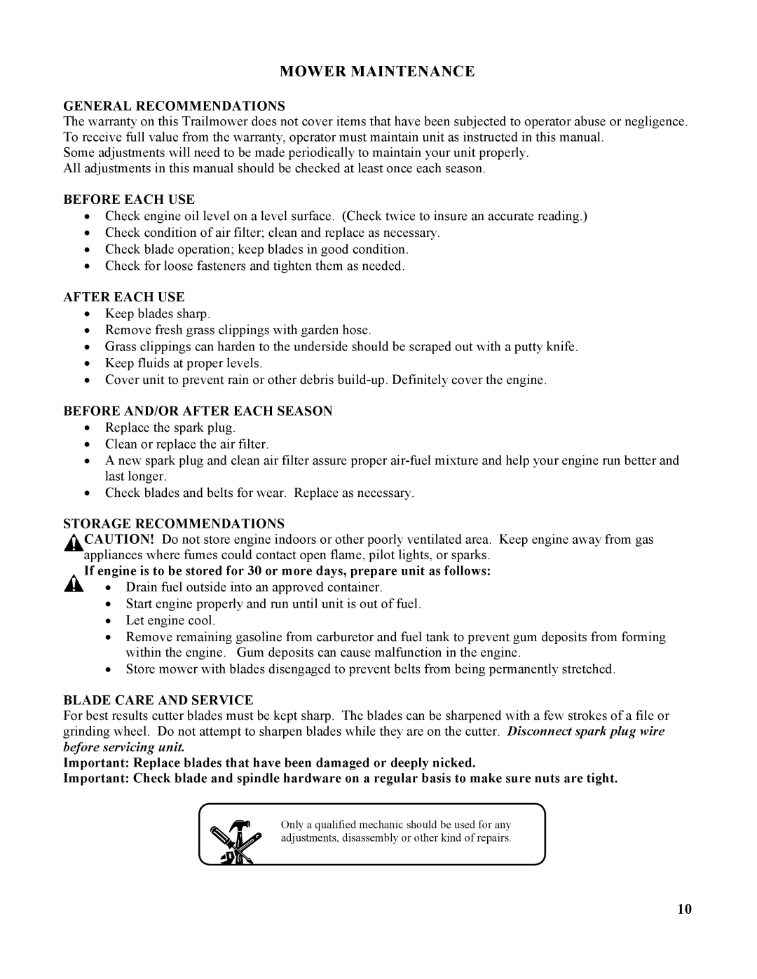 Swisher T1360T, T1360B1, T1360T, T1360H, T1360K, T13560, RK1360, T14560, T17560 owner manual Mower Maintenance 