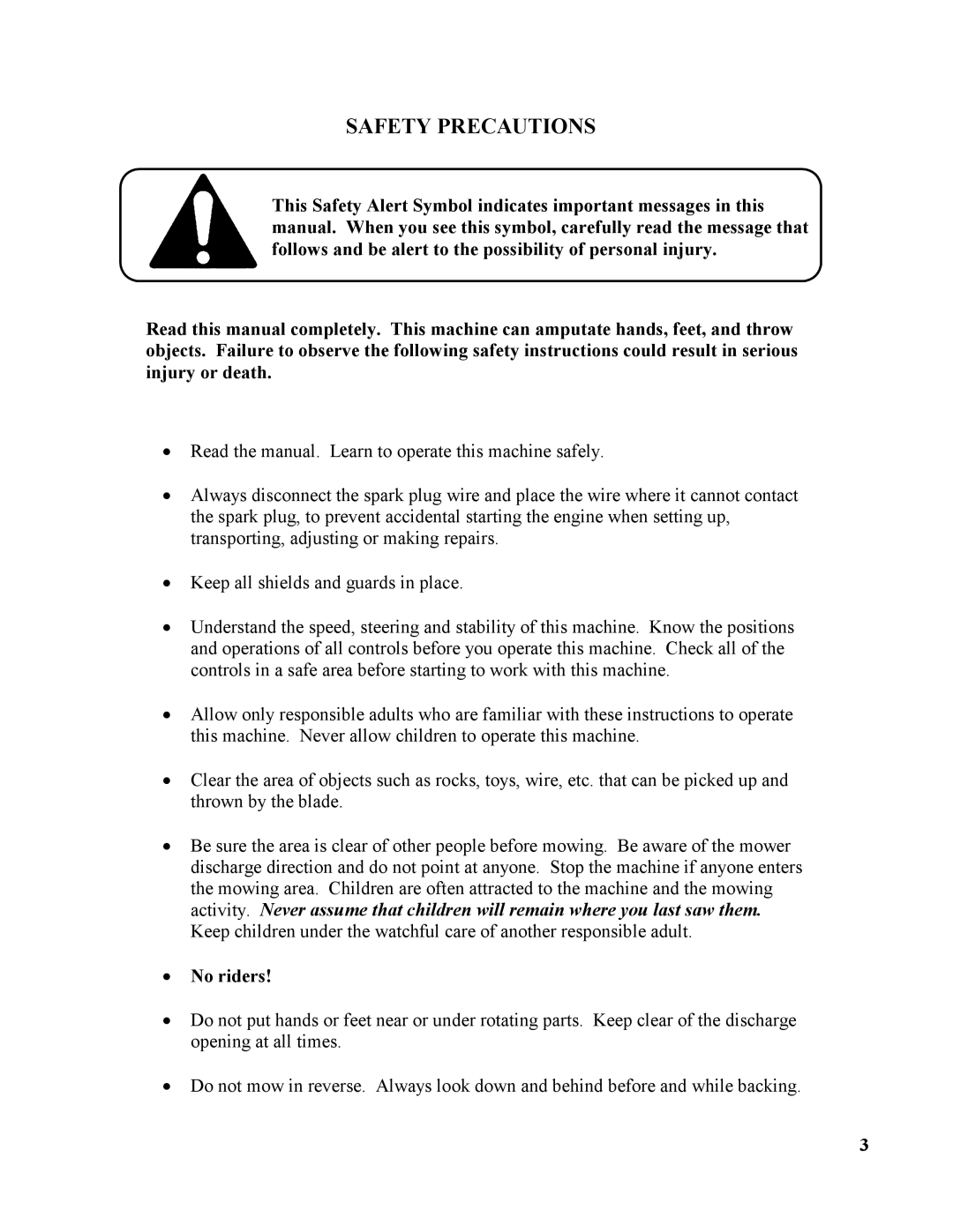 Swisher T1360T, T1360B1, T1360T, T1360H, T1360K, T13560, RK1360, T14560, T17560 owner manual Safety Precautions 