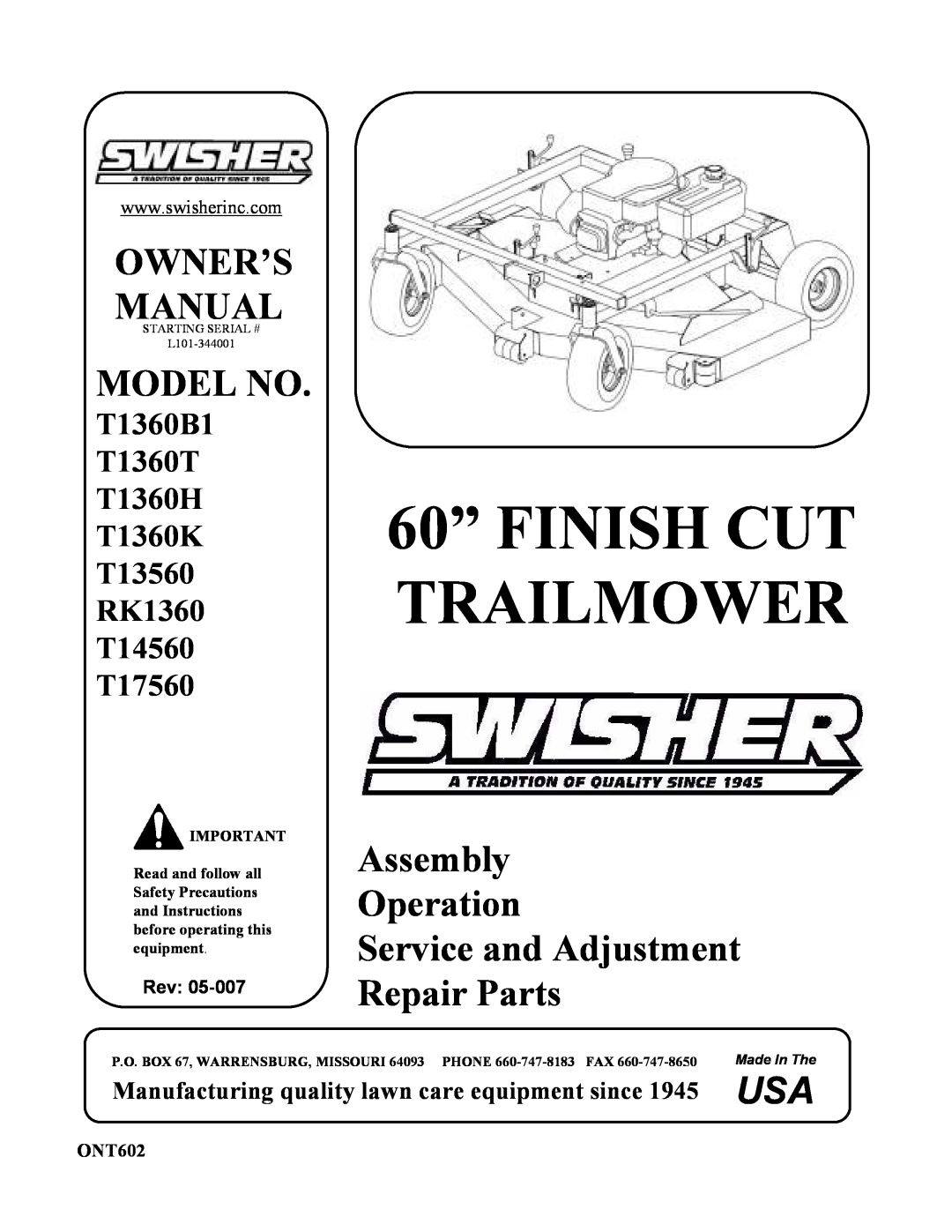 Swisher T1360T, T1360B1, T1360T, T1360H, T1360K, T13560, RK1360, T14560, T17560 owner manual Owner’S Manual, Model No 