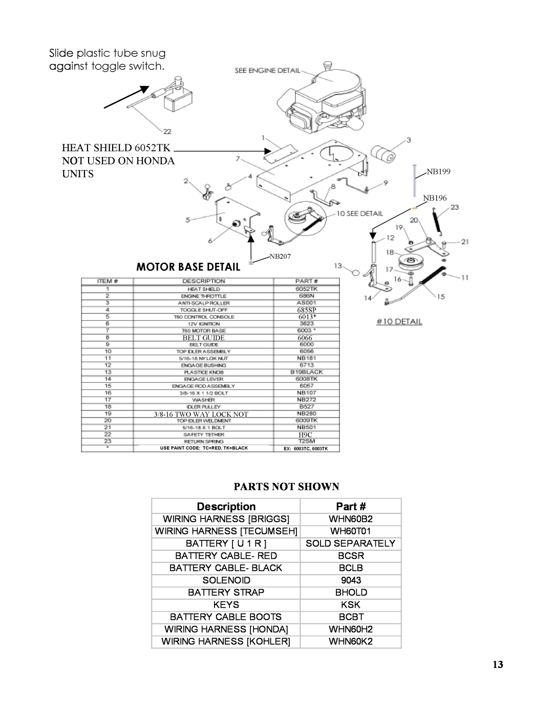 Swisher T1360T, T1360B1, T1360T, T1360H, T1360K, T13560, RK1360, T14560, T17560 owner manual Motor Base Detail, Description 