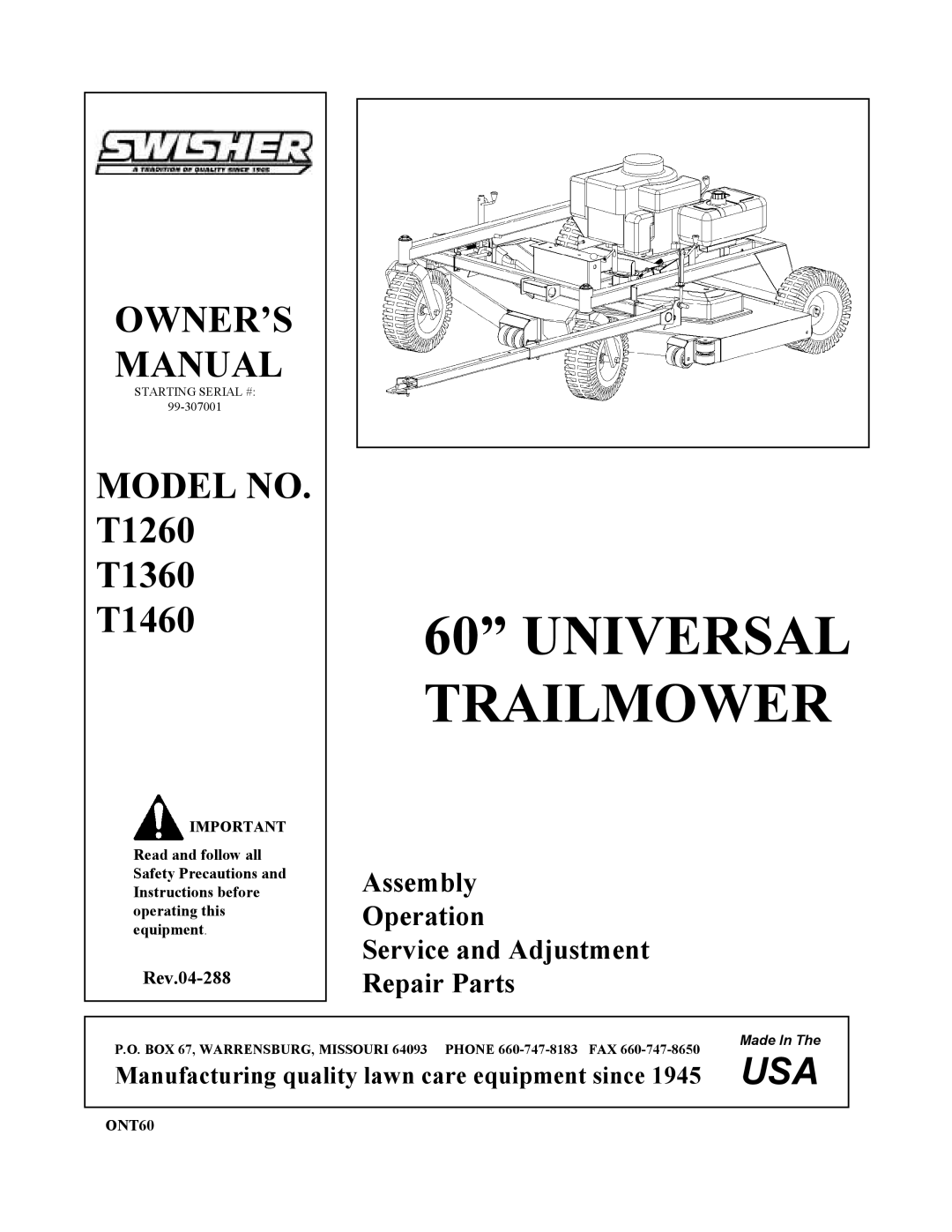 Swisher T1260, T1360, T1460, T1460, T1260, T1360, T1360, T1260, T1460 owner manual Universal Trailmower 