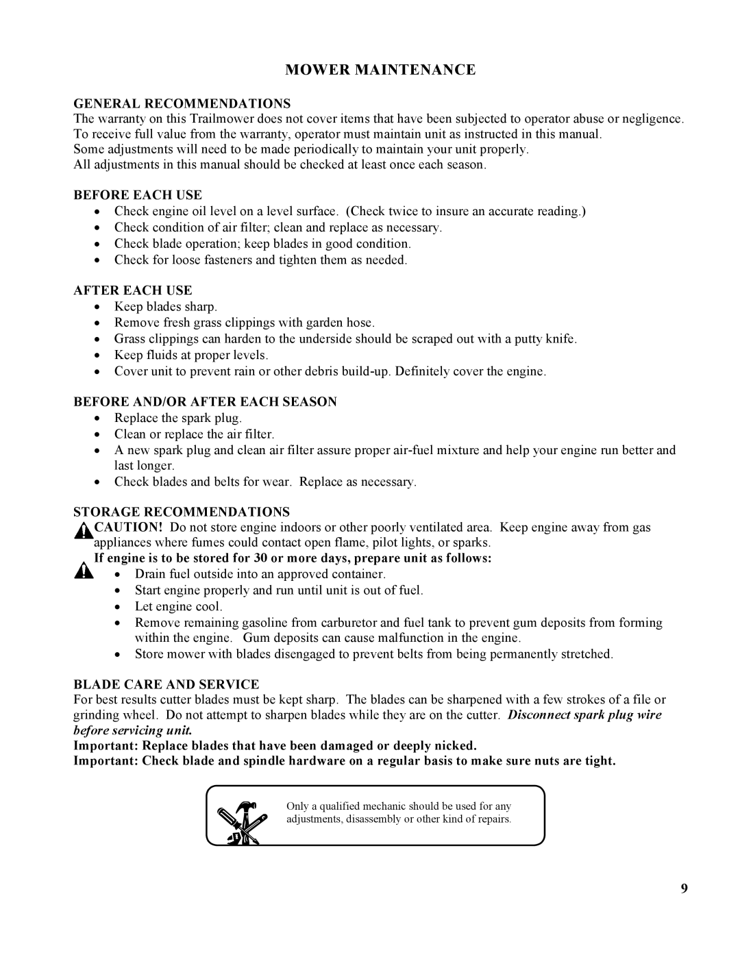 Swisher T1460, T1260, T1360, T1260, T1360, T1460, T1360, T1260, T1460 owner manual Mower Maintenance 