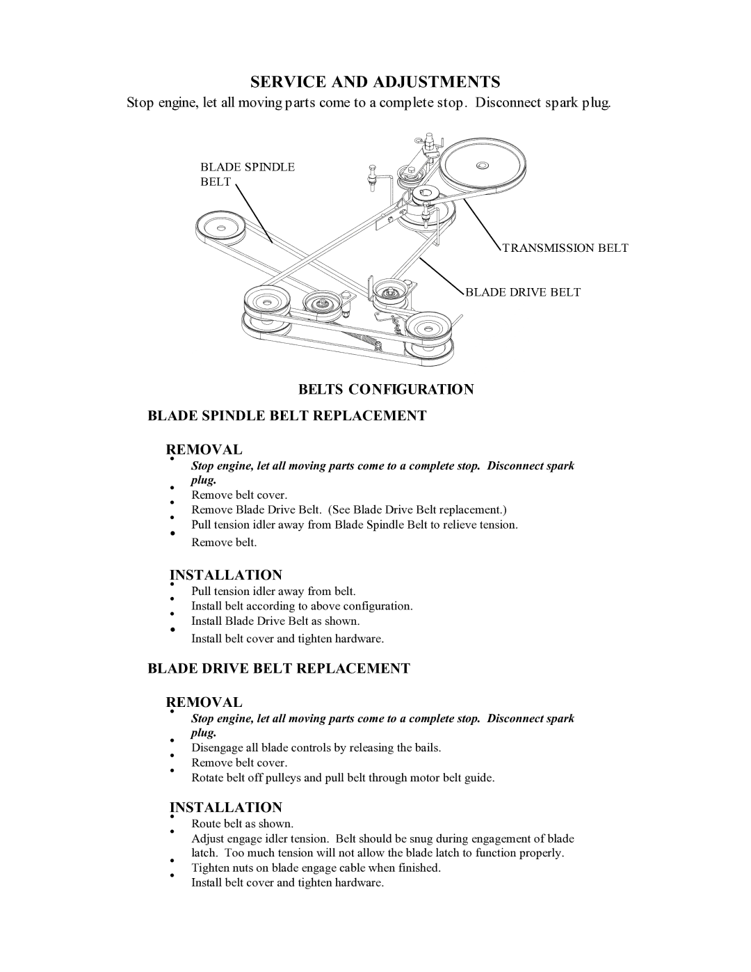 Swisher WB11542F owner manual Service and Adjustments, Belts Configuration Blade Spindle Belt Replacement Removal 