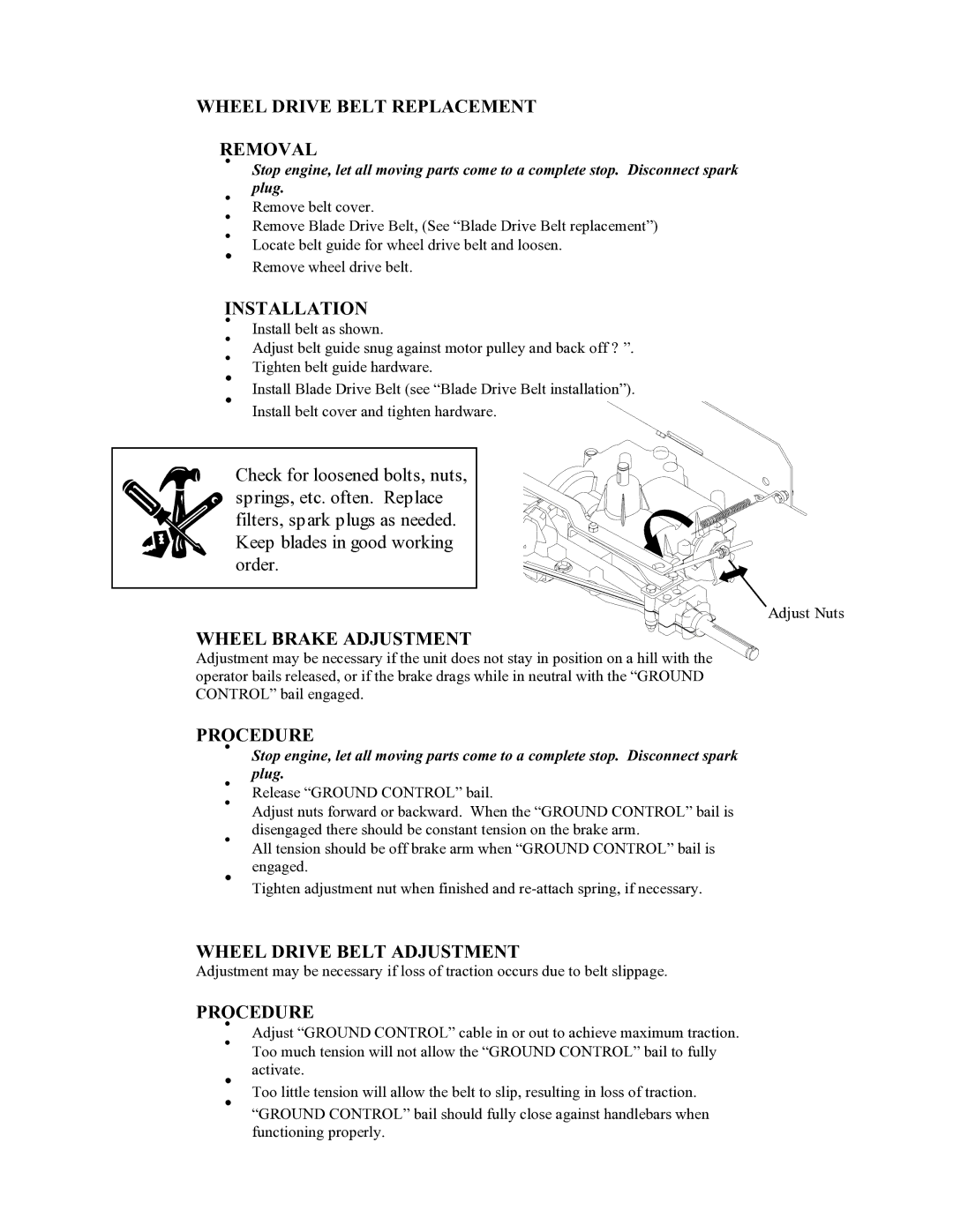 Swisher WB11542F owner manual Wheel Drive Belt Adjustment 