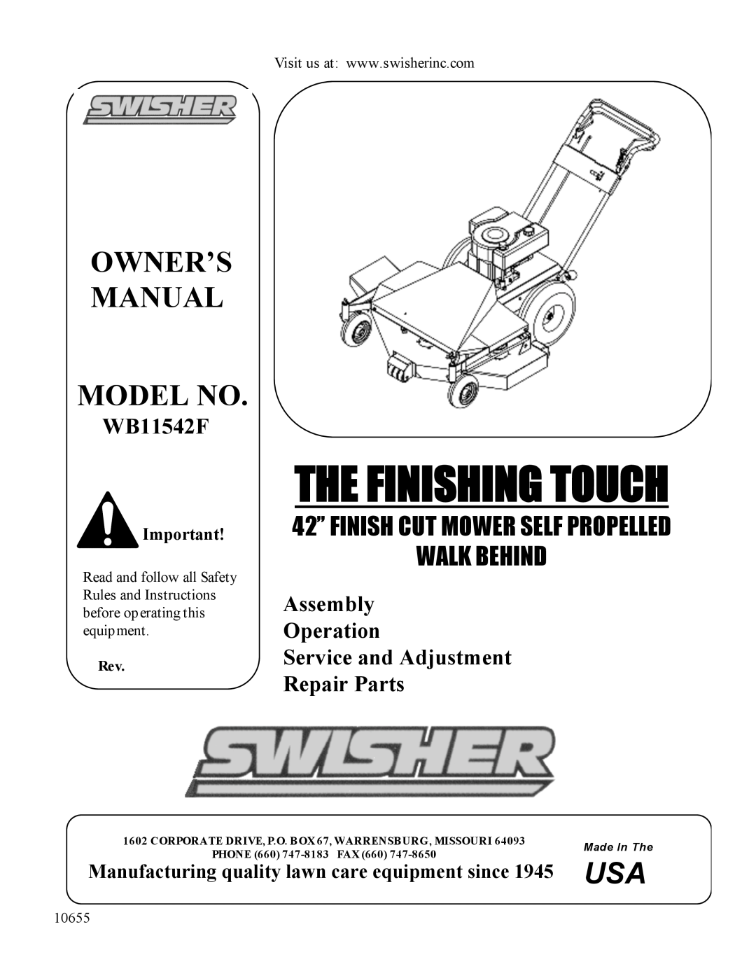 Swisher WB11542F owner manual Assembly Operation Service and Adjustment, Repair Parts, 10655, The Finishing Touch 