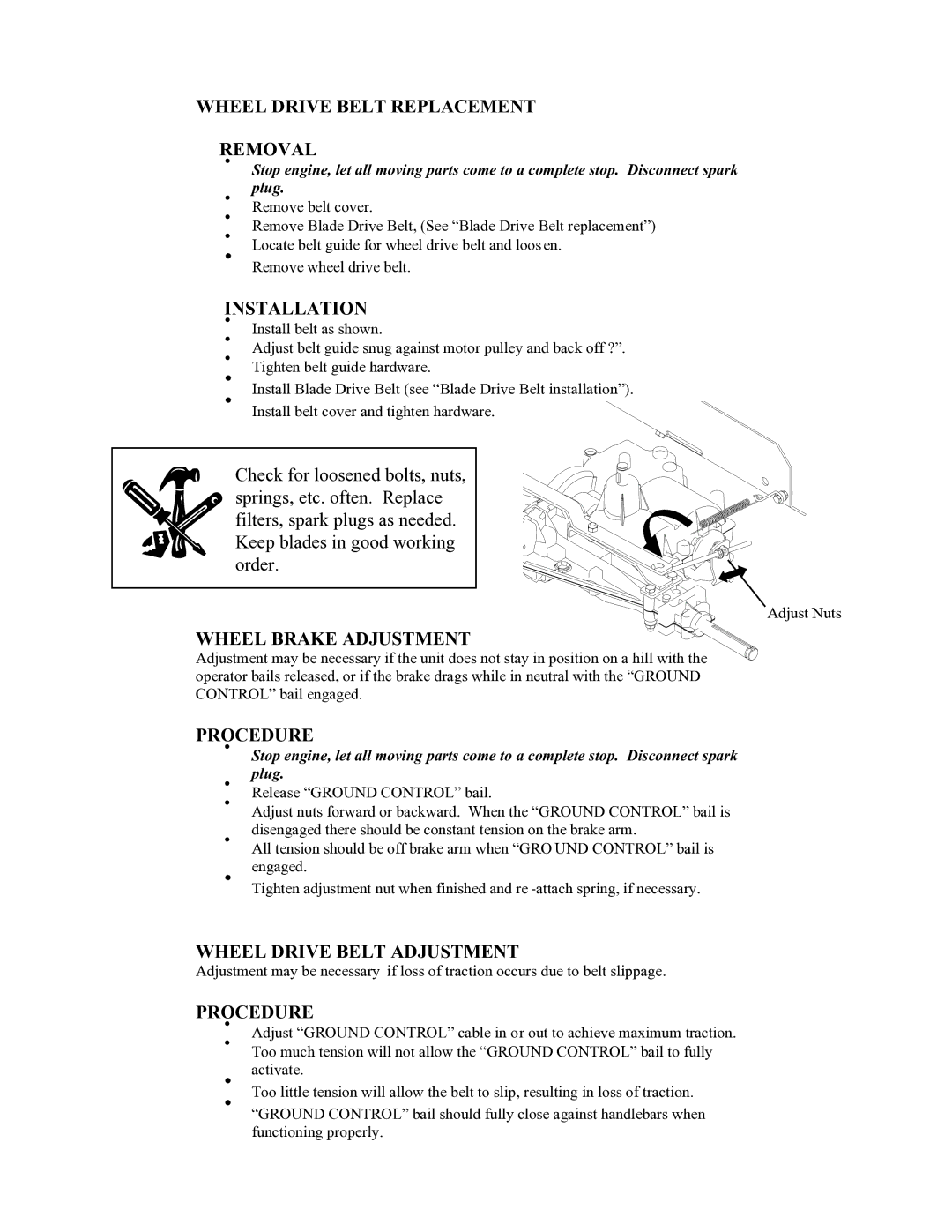 Swisher WB800-42F Wheel Drive Belt Replacement Removal, Wheel Brake Adjustment, Procedure, Wheel Drive Belt Adjustment 