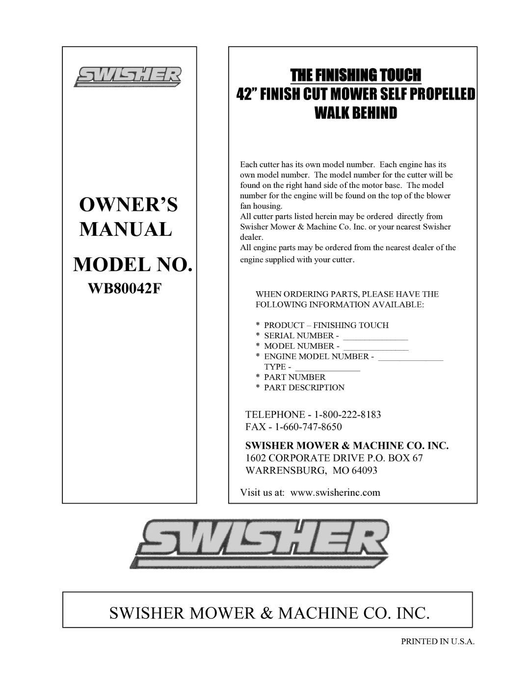 Swisher WB800-42F owner manual Swisher Mower & Machine CO. INC 