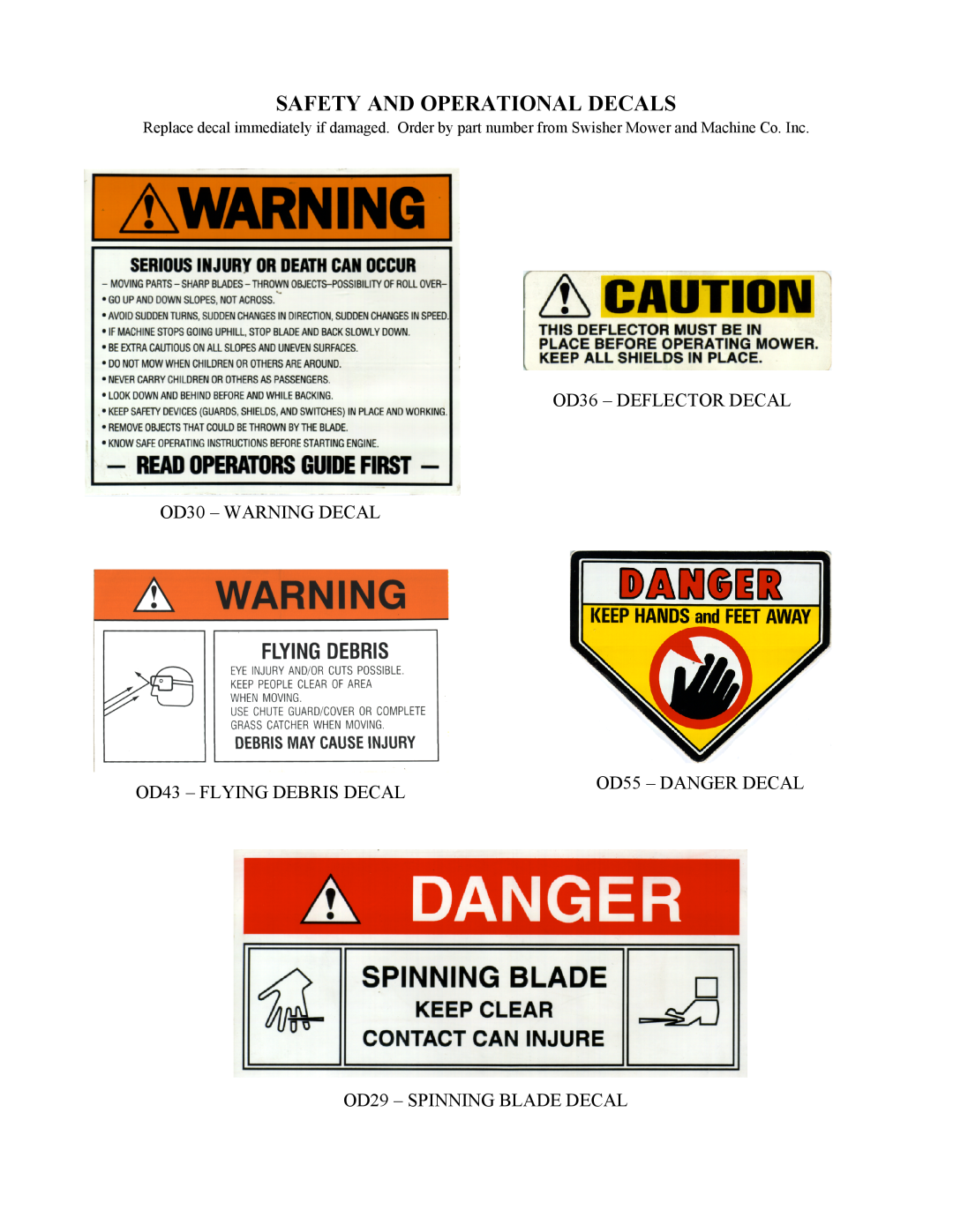 Swisher WB800-42F Safety And Operational Decals, OD36 - DEFLECTOR DECAL OD30 - WARNING DECAL, OD43 - FLYING DEBRIS DECAL 